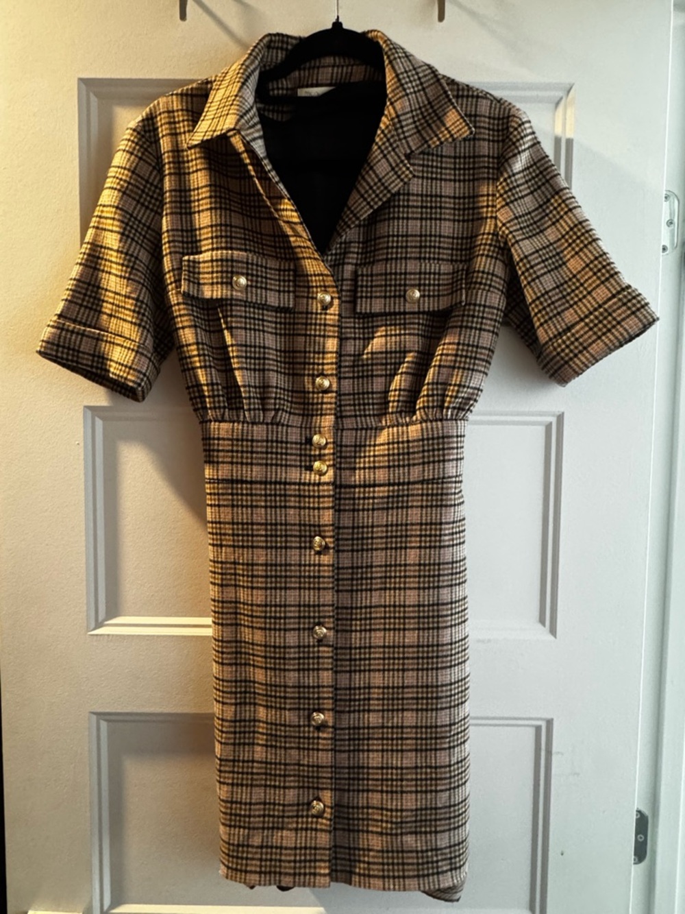 Maje Plaid Button-Front Midi Dress in Beige and Black